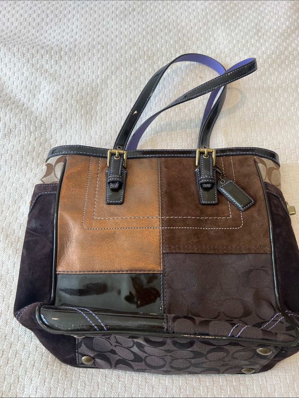 Coach Brown Patchwork Leather & Suede Tote with Dark Trim